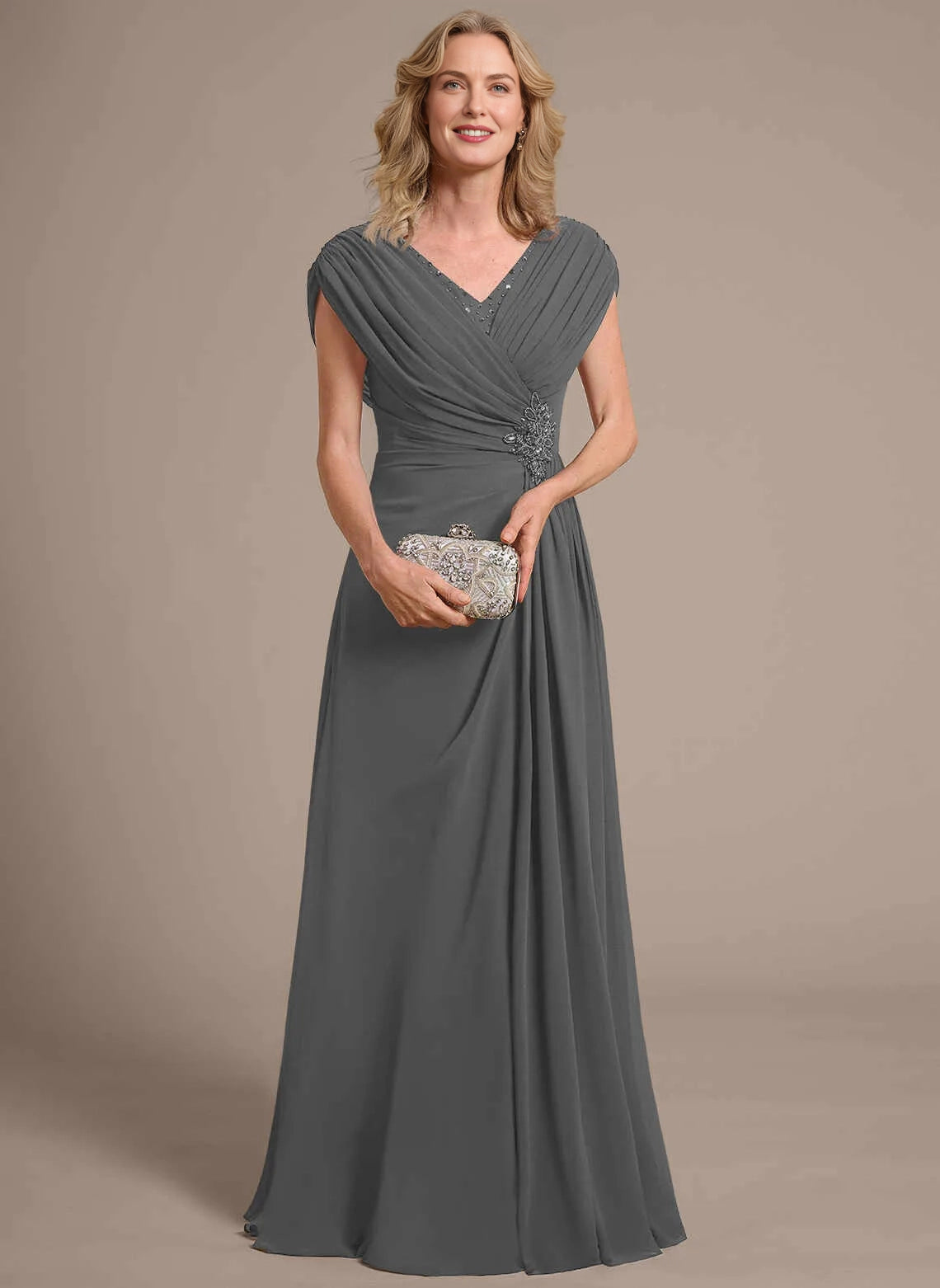 Classic A‑Line V‑Neck Cap Sleeve Zipper Back Floor‑Length Mother Of The Bride Dress