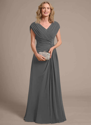 Classic A‑Line V‑Neck Cap Sleeve Zipper Back Floor‑Length Mother Of The Bride Dress