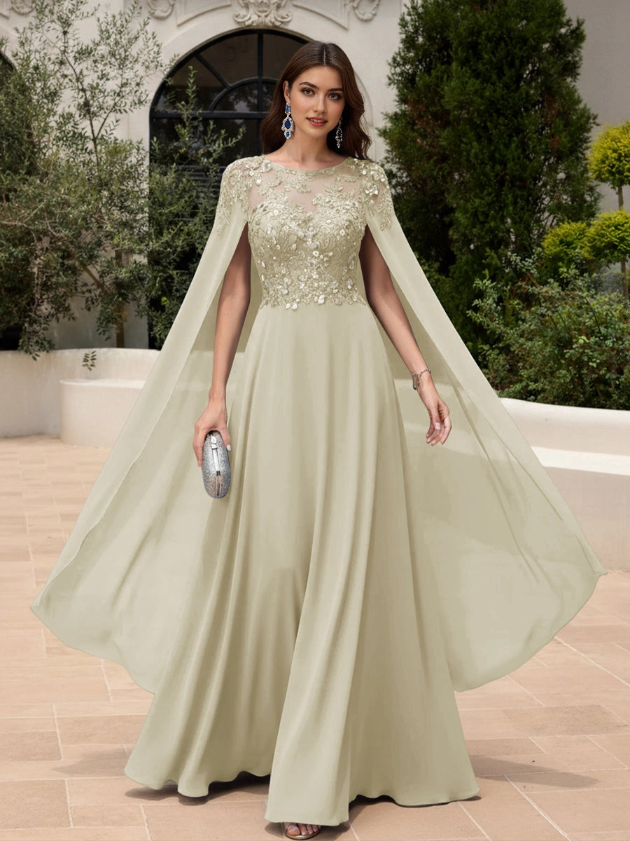 Elegant A‑Line Illusion Neck Cape Sleeve Solid Back Floor‑Length Prom Dress 