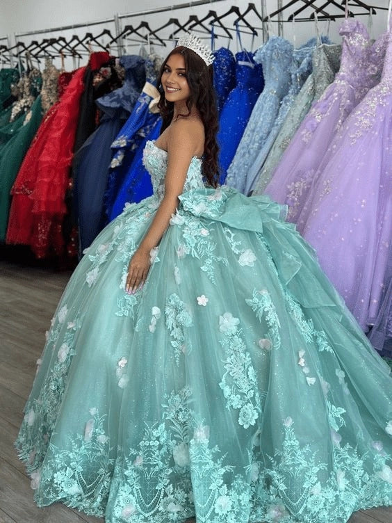 Turquoise Ball Gown Strapless Sweetheart Sleeveless Lace Up Back Long Quinceañera Dress