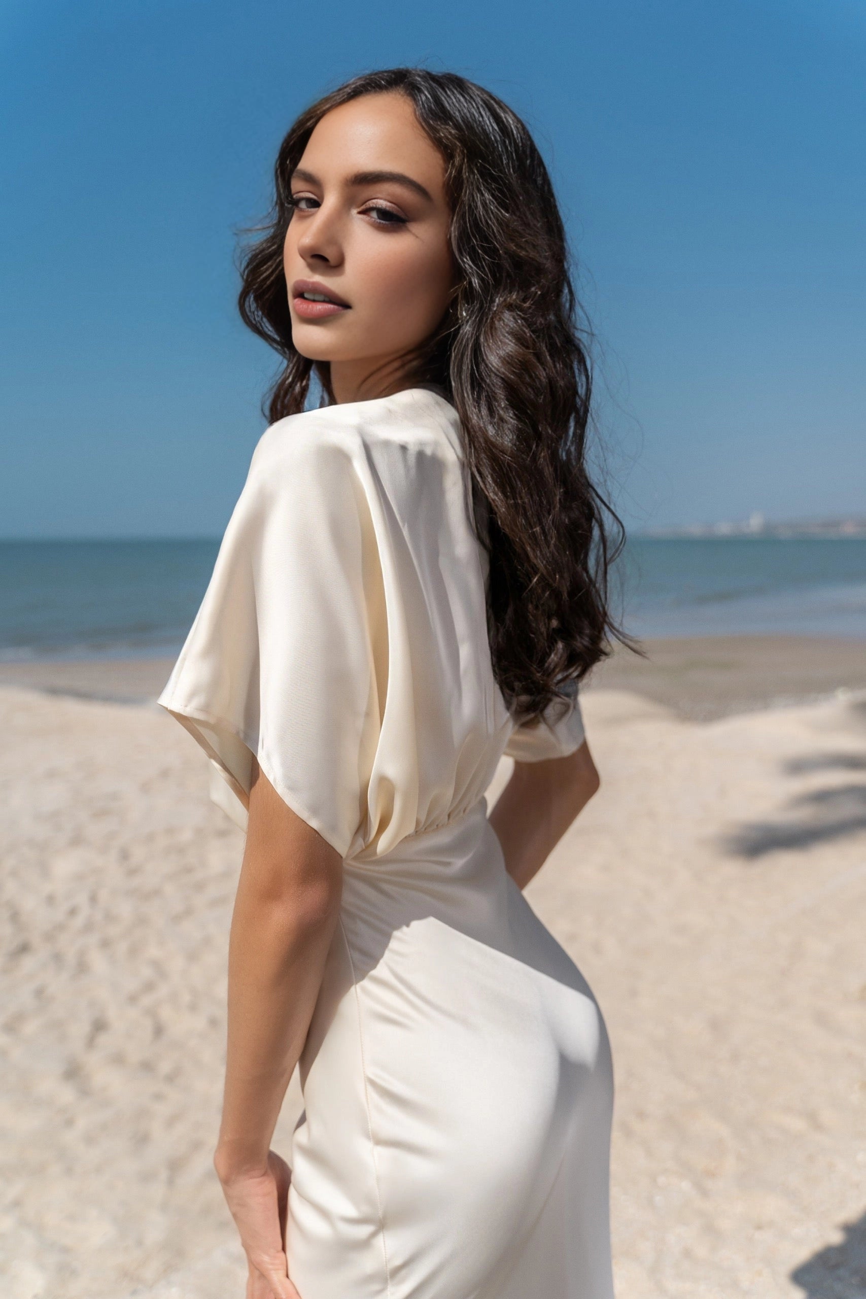 Back close‑up Vedress plain closed‑back ivory satin batwing sleeve formal prom gown