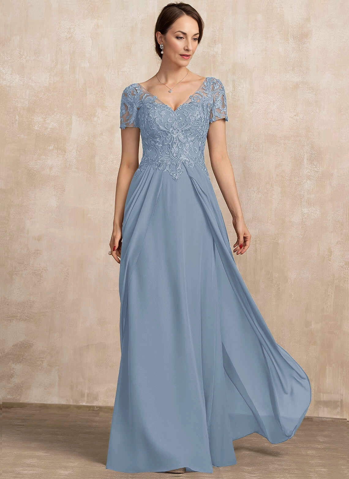 Elegant A‑Line V‑Neck Short‑Sleeve Illusion‑Back Floor‑Length Mother Of The Bride Dress