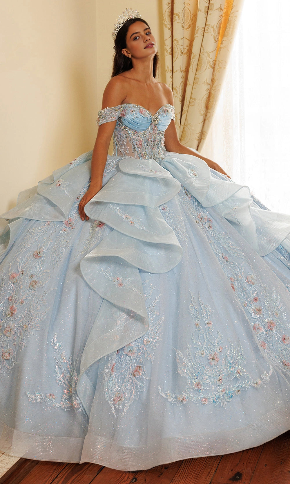 Ball Gown Off‑Shoulder Sweetheart Corset Back Big Bow Long Train Quinceanera Dress