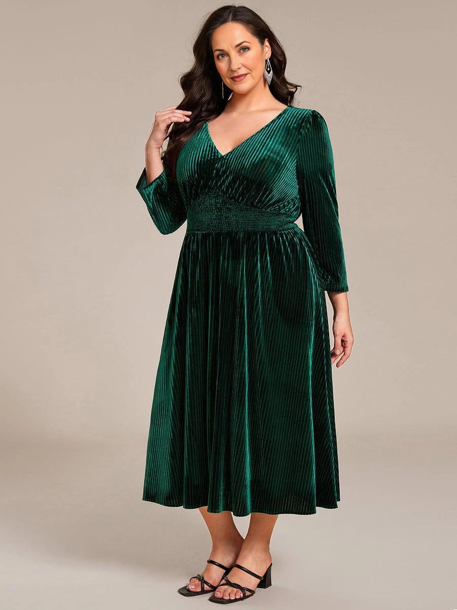 Luxury A‑Line V‑Neck 3/4 Sleeve Plain‑Back Midi Plus Size Mother Of The Bride Dress