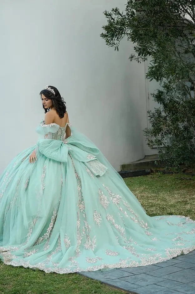 Vedress sage green quinceañera dress corset back large bow tulle cape long train back view
