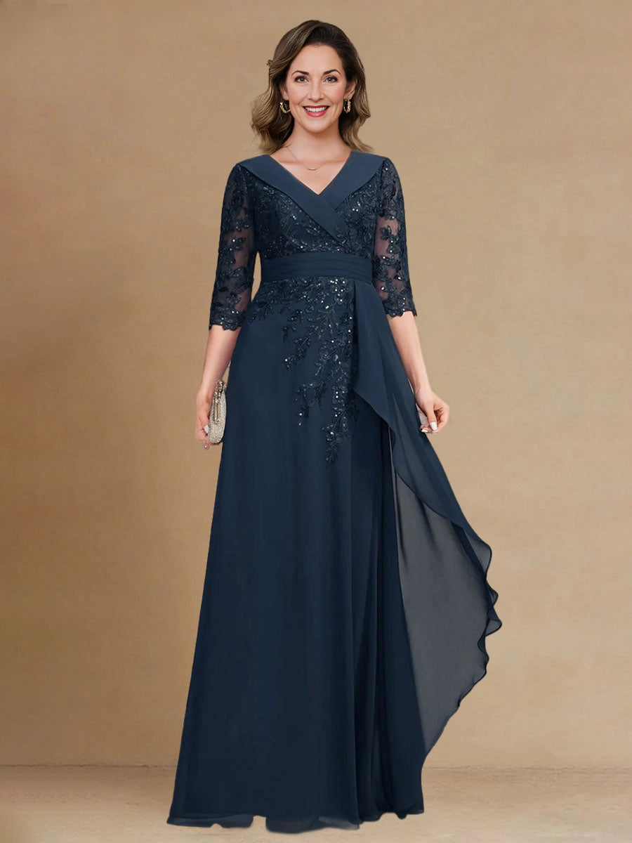 Navy A‑Line V Neck 3/4 Sleeves Zipper Back Long Mother Of The Bride Dress