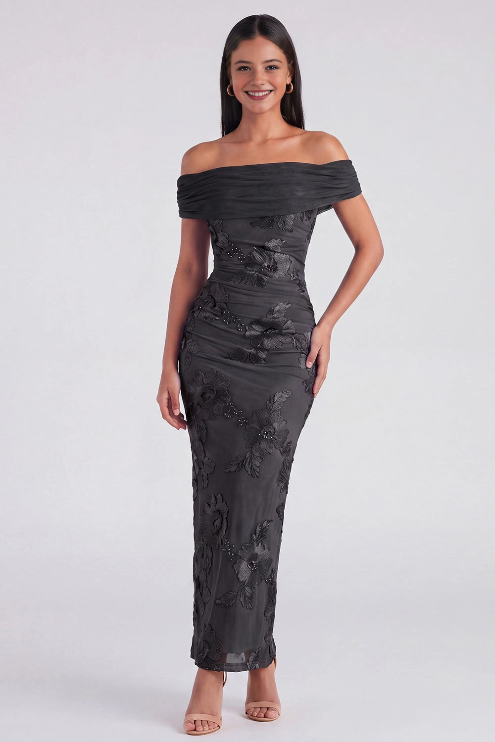 Embroidered Sheath Off-shoulder Sleeveless Zip Back Maxi Wedding Guest Dress