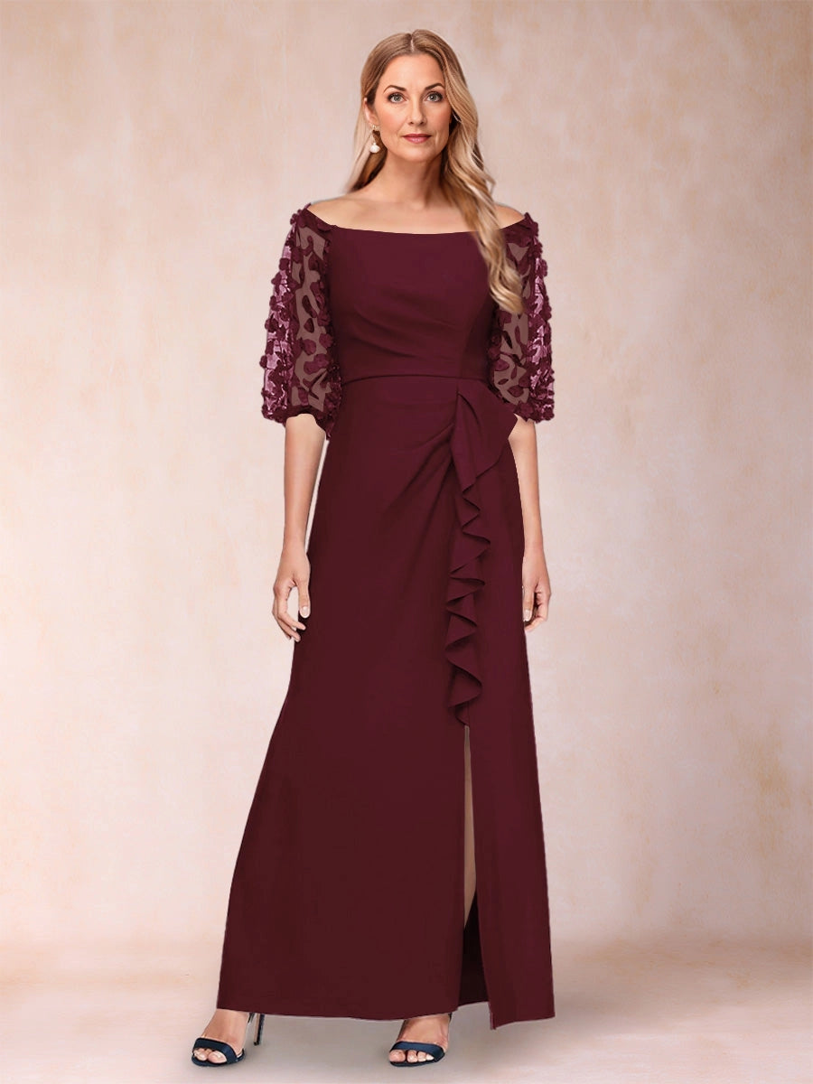 Elegant A Line Off The Shoulder 3D Floral Sleeves Zip Back Floor Length Mother Of The Bride Dress