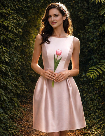 Vedress blush pink satin low back prom dress bateau neck midi gown woodland outdoor back view