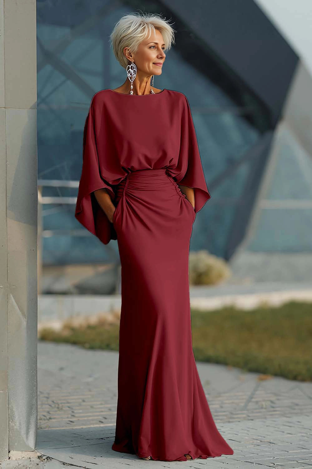 Satin Mermaid Boat Neck Dolman Deep V Back Maxi Wedding Guest Dress