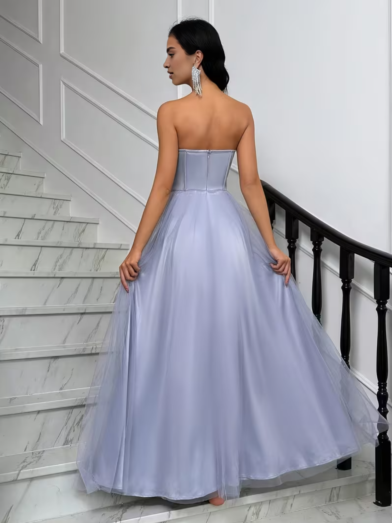 Strapless Beaded Elegant Appliqué Strapless High-Slit Tulle Hem Evening Dress Bridesmaids Corset Gown with High Slit