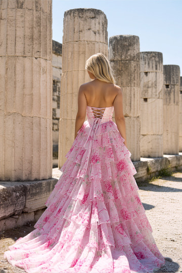 Vestido de Noche con Estampado Floral sin Tirantes Estilo Princesa de Corte A con Volantes y Abertura Alta, con Espalda Corset para Fiesta de Graduación