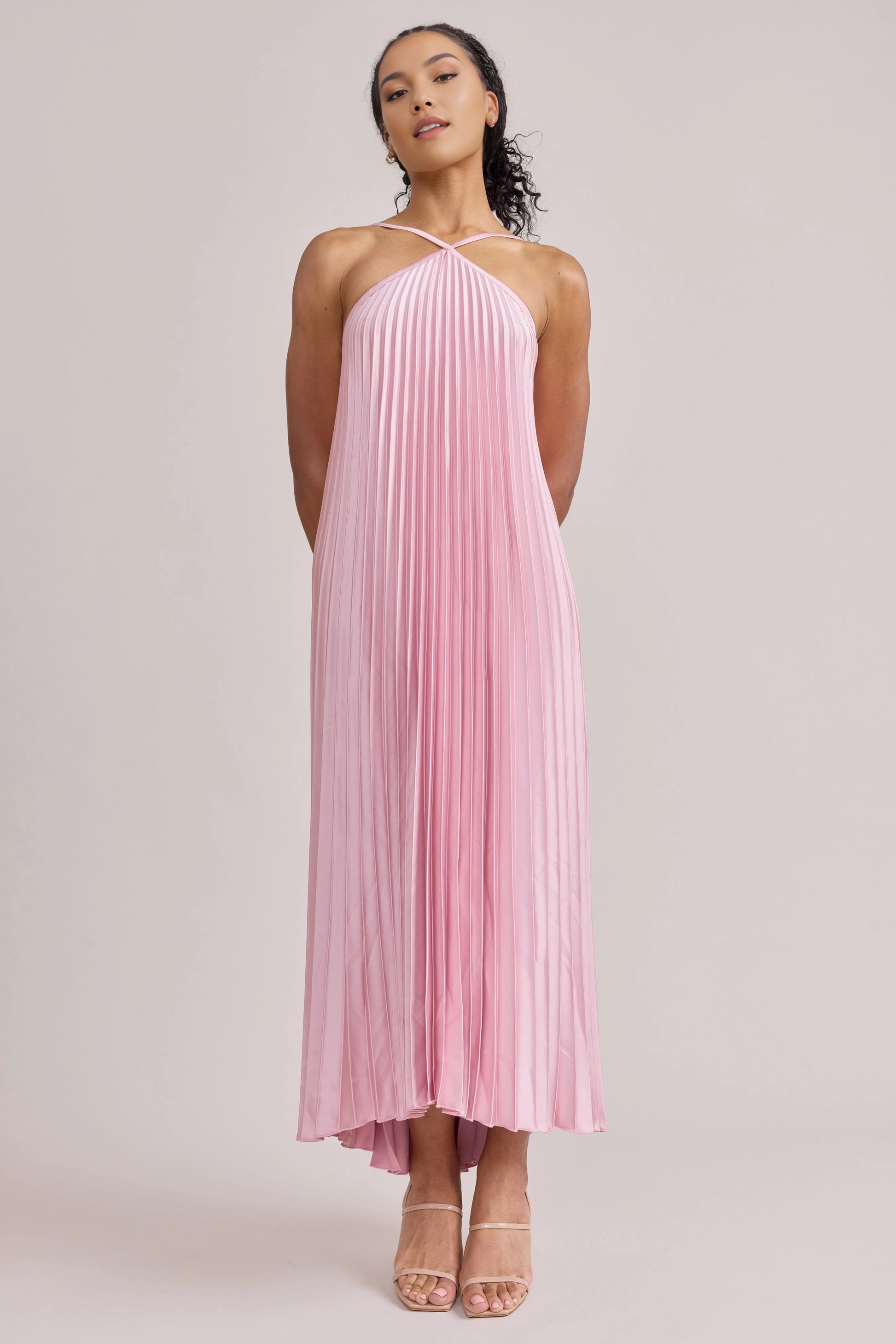 Pink A Line Halter Sleeveless Open Back Midi Bridesmaid Dress Vedress