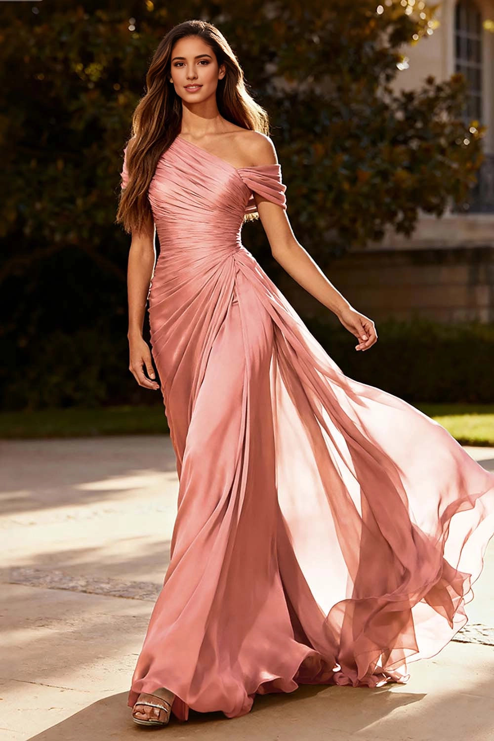 Flowy A-Line One Shoulder Off Shoulder Ruched Back Zip Maxi Wedding Guest Dress