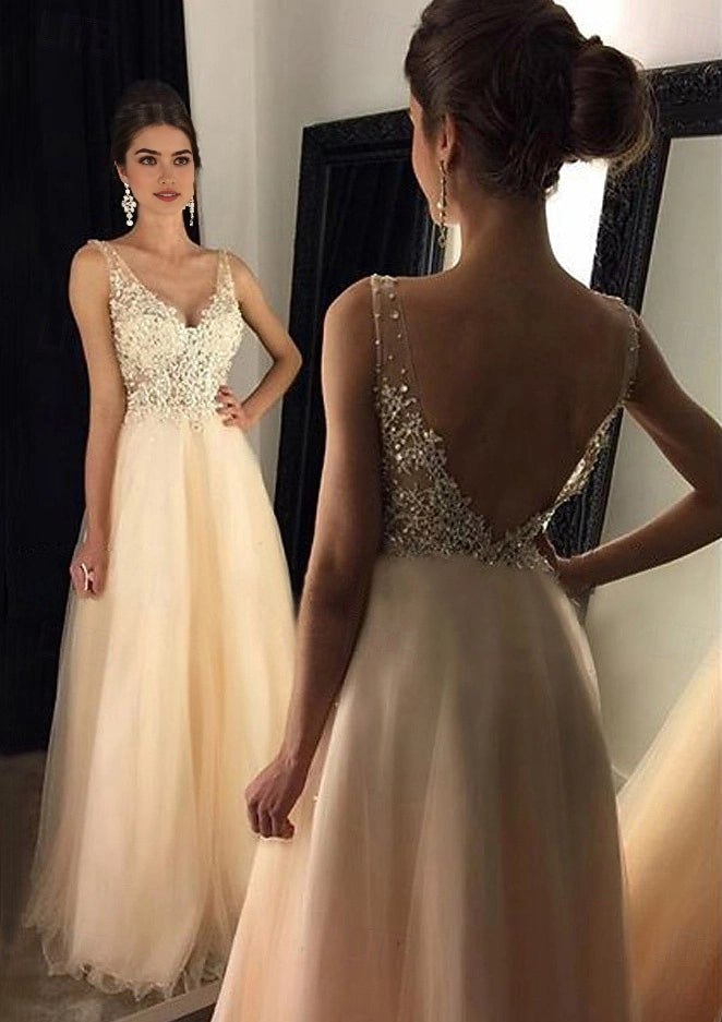 Champagne A-Line V Neck Deep Back Tulle Floor Wedding Prom Dress