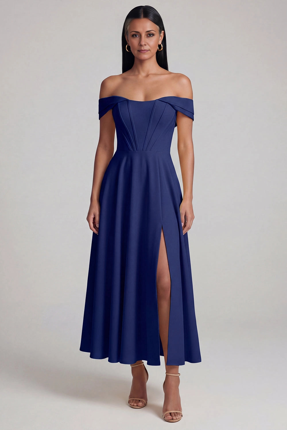 Charming A-Line Off Shoulder Short Sleeve Back Zip Midi Wedding Guest Dress