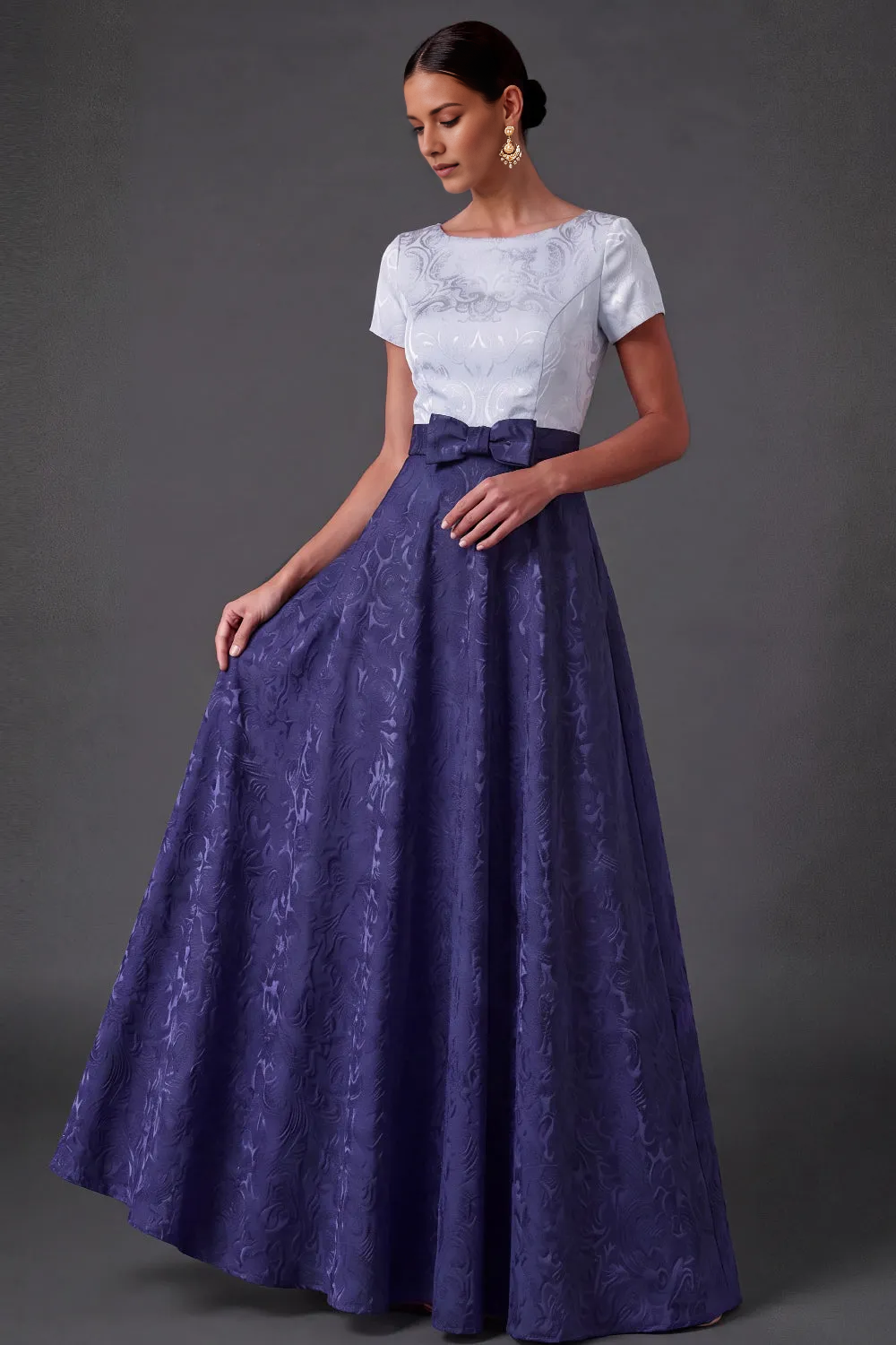 Bateau Neck Short Sleeve Two-Tone Jacquard A-Line Maxi Formal Dress with Waist Bow
