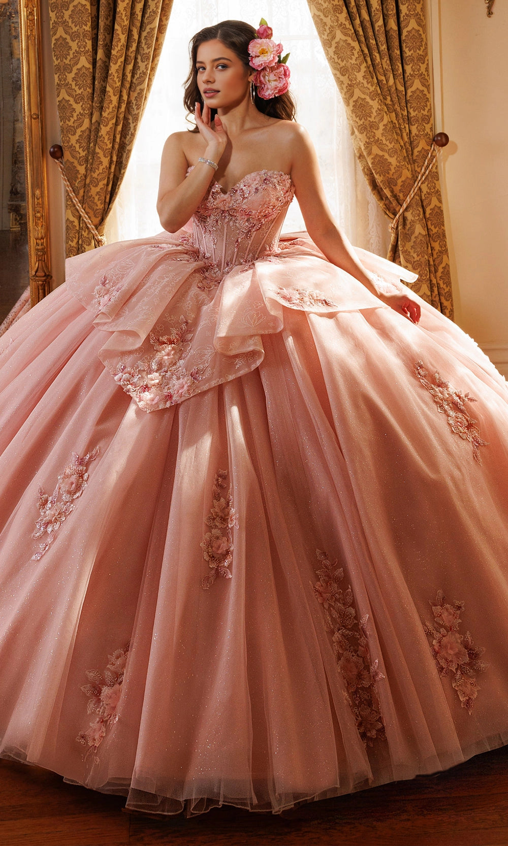 Vedress dusty pink big bow quinceanera dress corset back long train 3d flower appliques back view