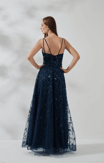 A-Line Elegant Sequin V-Neck Spaghetti Strap Open Back Prom Dresses Floor-Length Evening Gown