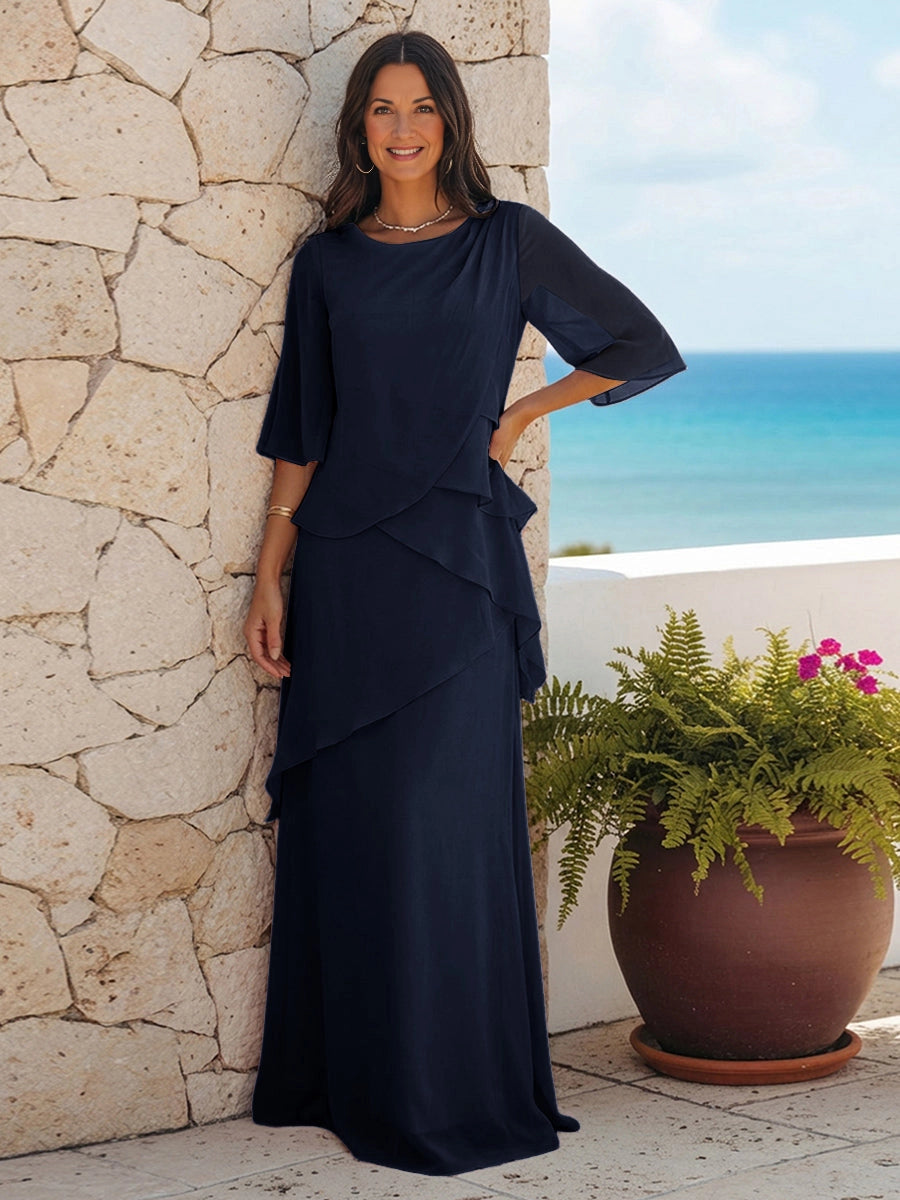 Elegant Pink A‑Line Round Neck Bell‑Sleeve Zip‑Back Floor‑Length Mother‑of‑the‑Bride Dress