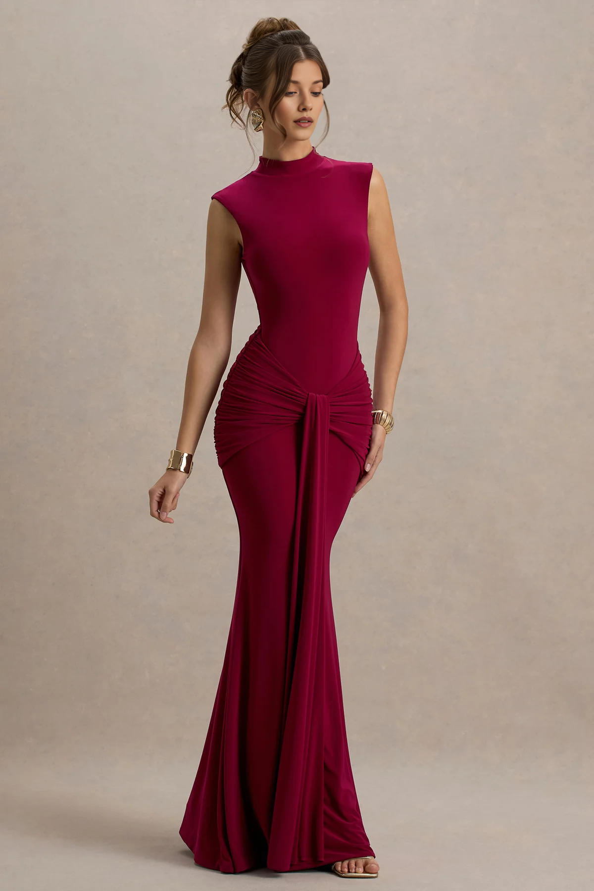 Vestido maxi sin mangas de cuello alto con nudo fruncido estilo sirena
