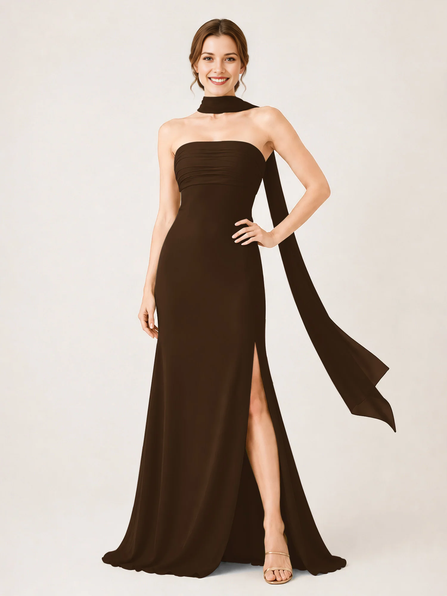 Strapless Ruched Chiffon Mermaid Bridesmaid Dress with Choker Scarf & High Slit