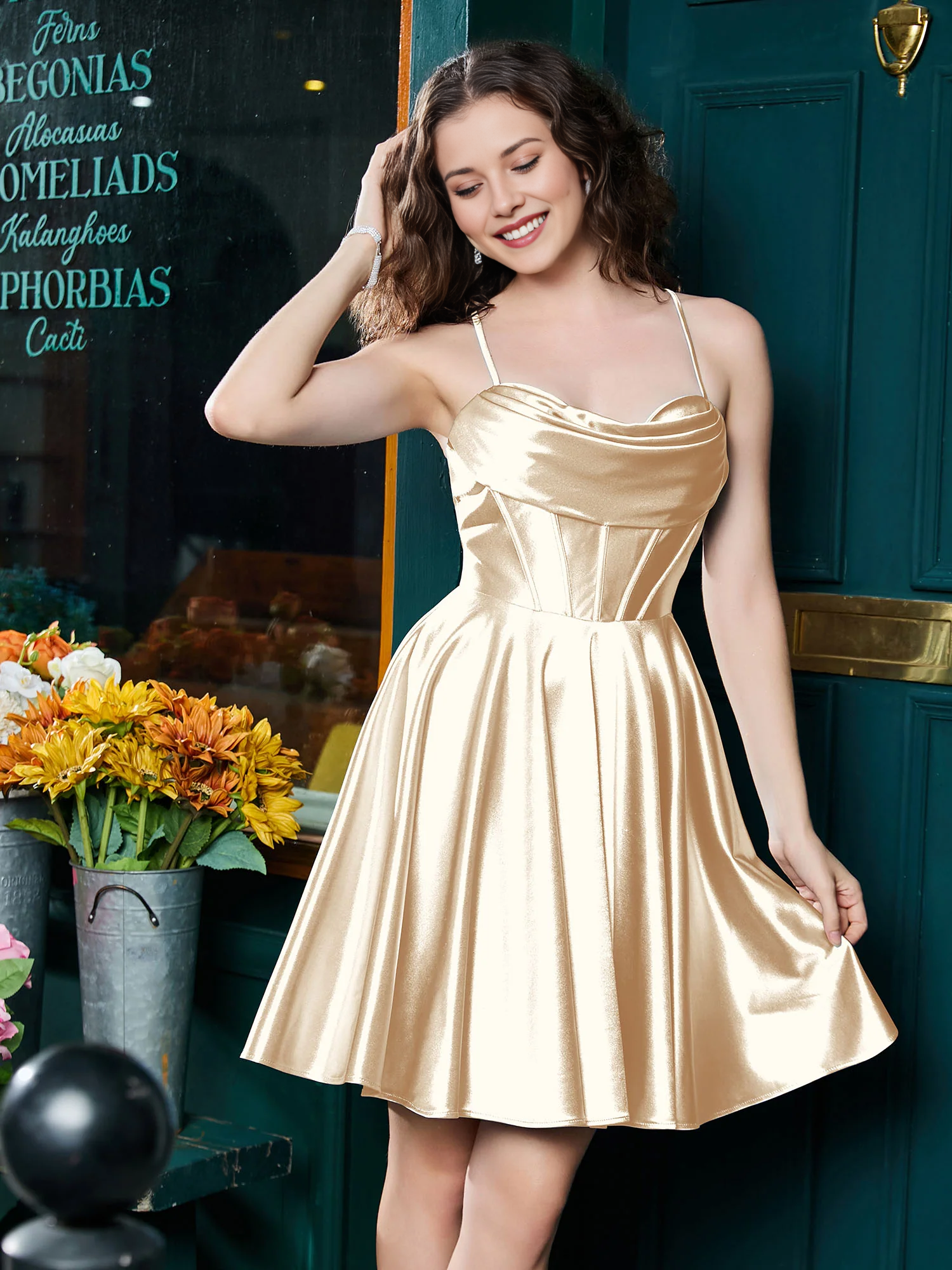 Cowl Neck Corset Boning Spaghetti Strap Lace-Up Back Satin Skater Mini Homecoming Dress