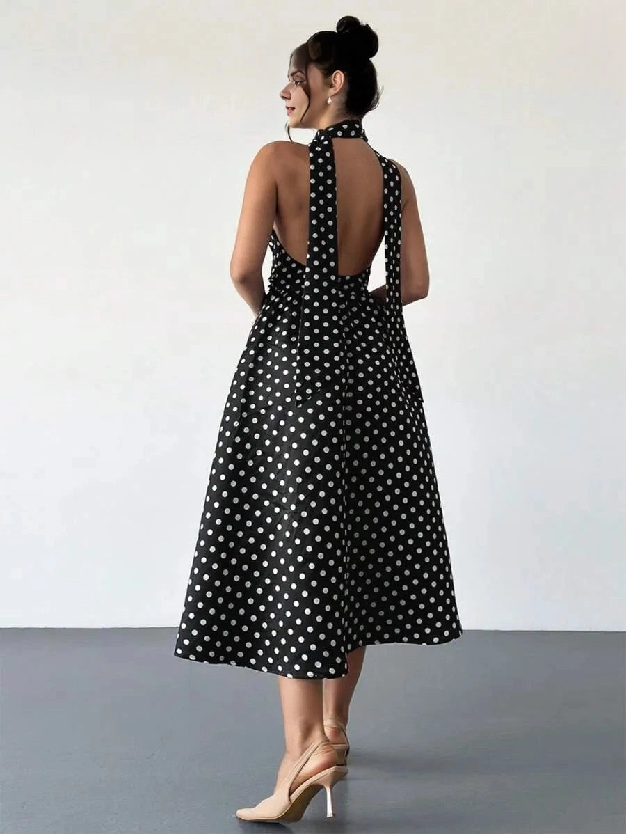 Back view vedress polka dot open tie back sleeveless midi plus size prom gown