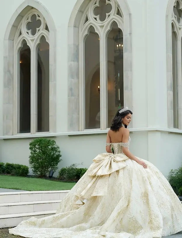 Sparkle Ball Gown Sweetheart Off Shoulder Open Back Train Quinceañera Dress