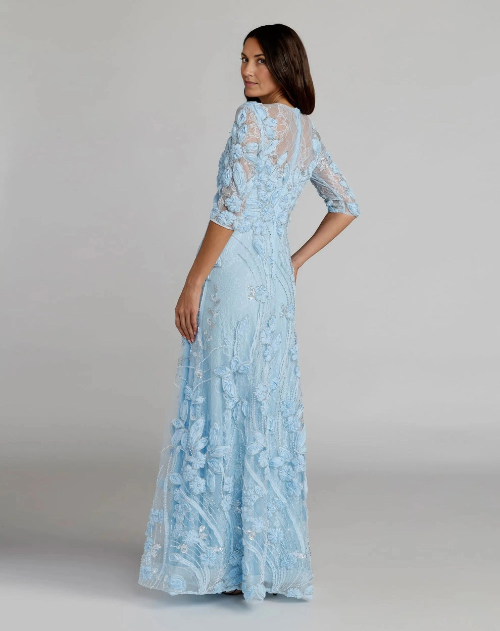 sheer lace lace‑up back panel,hidden zipper,allover 3D flower embroidery,elegant fitted sheath silhouette