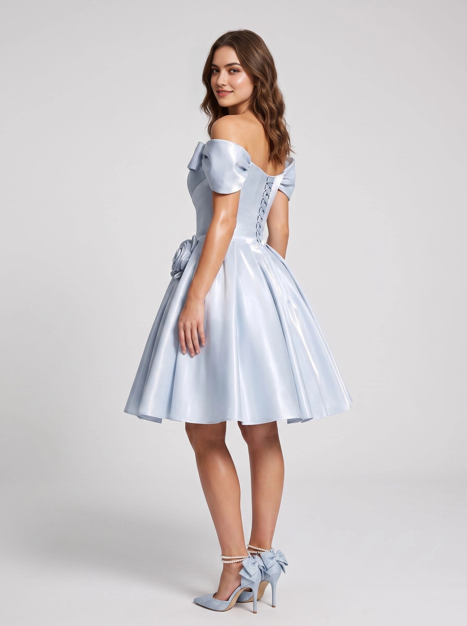 Light Blue A‑Line Off Shoulder Lace Up Back Short Homecoming Dress