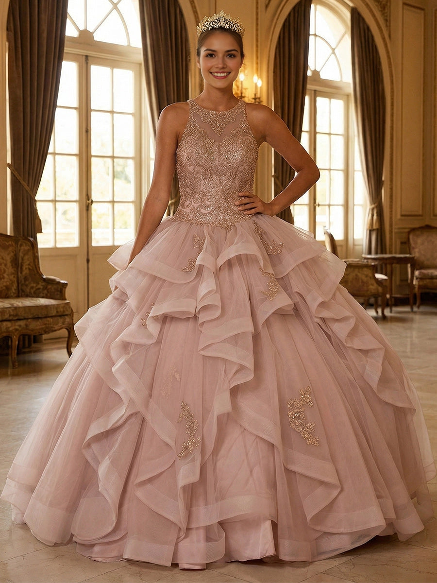 Elegant Dusty Pink Ball Gown Halter Lace Keyhole Back Floor Length Quinceanera Dress