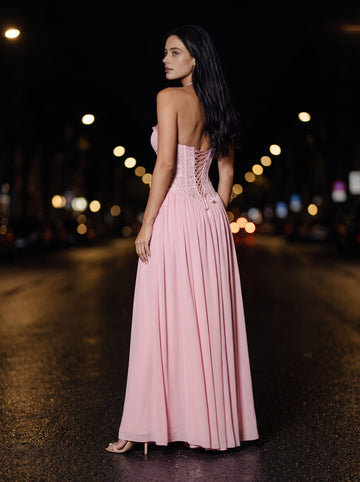 Vedress pink chiffon formal gown,back view lace corset crisscross lace‑up tie‑back,open low back,flared maxi skirt,night city street background
