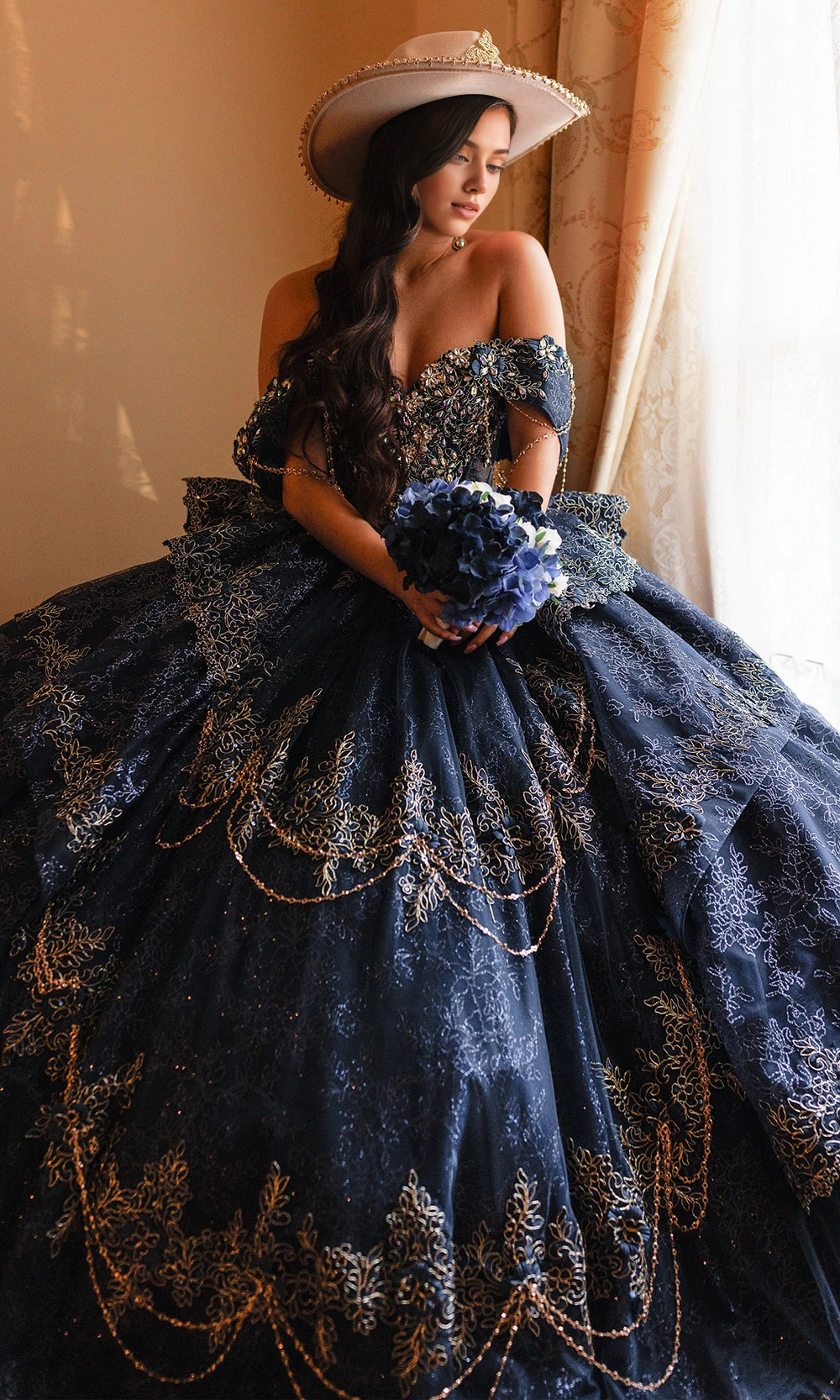 Regal Ball Gown Off‑Shoulder Chain Sleeve Lace‑Up Back Cathedral Train Quinceanera Dress