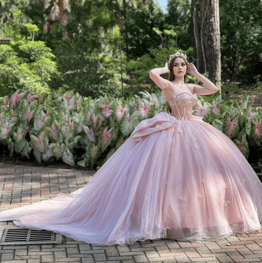 Light Pink Ballgown Sweetheart Spaghetti Strap Sleeveless Lace-up Back Sweep Train Quinceañera Dress