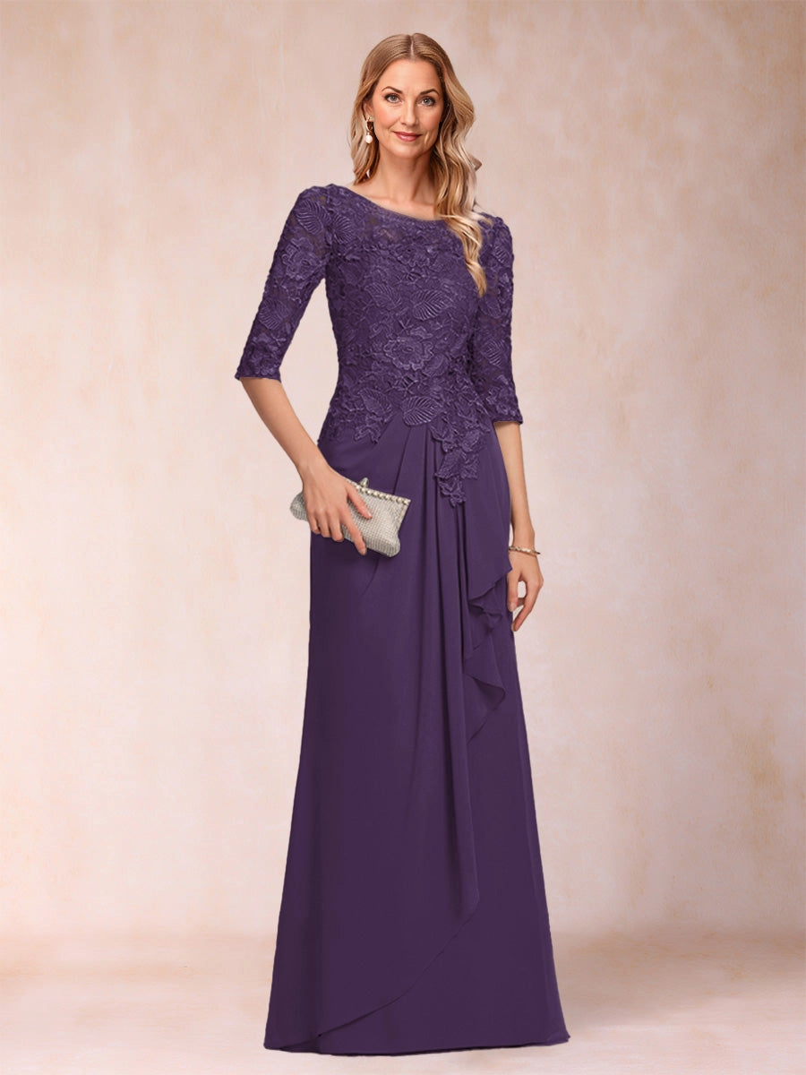 Elegant A Line Bateau Neck 3/4 Sleeve Zipper Back Floor Length Mother Of The Bride Dress