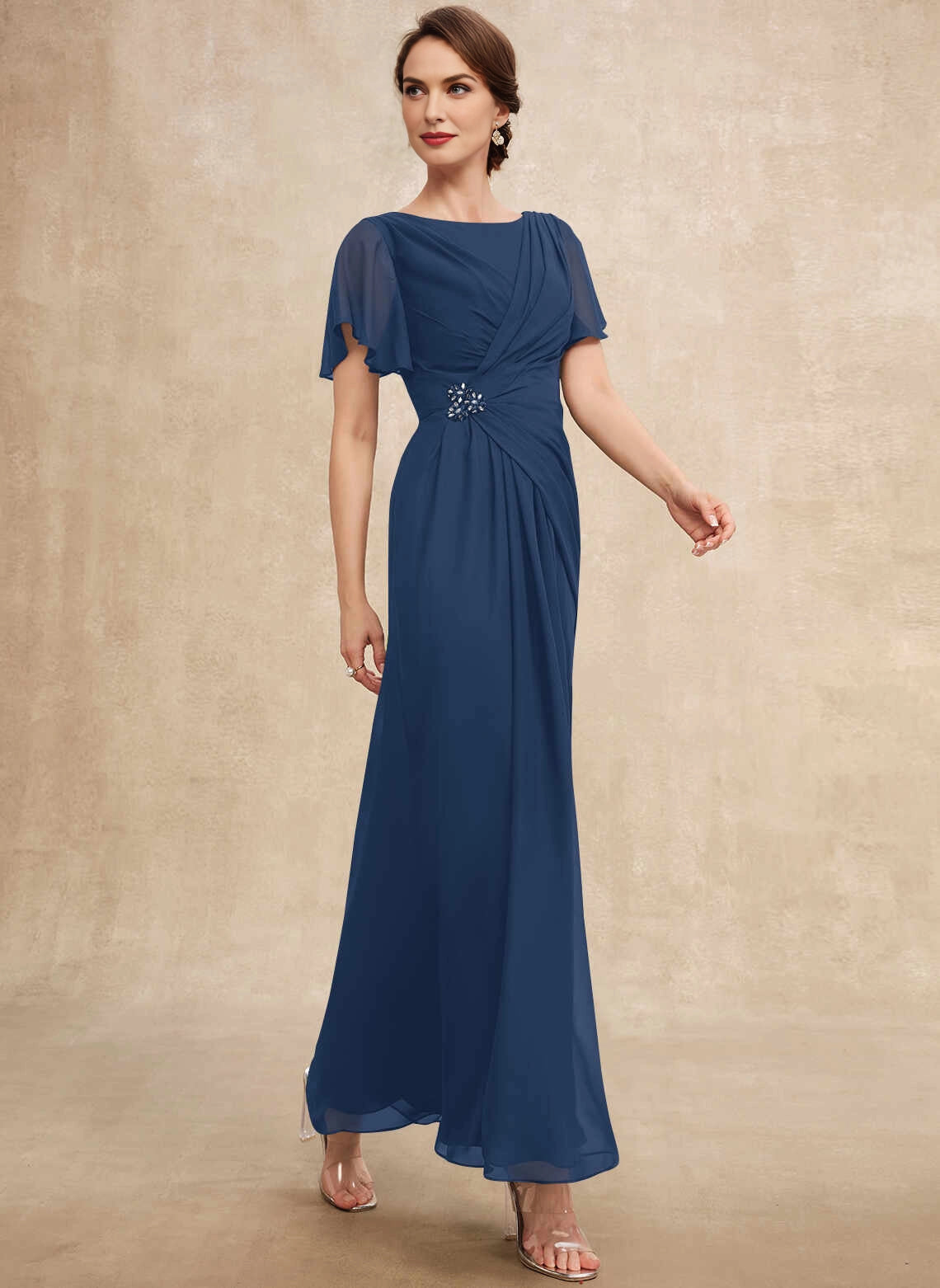 Classic A‑Line Bateau Flutter Sleeve Ruched Waist Long Mother Of The Bride Dress