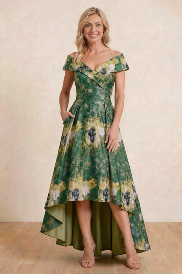 Luxury Jacquard A-Line Off Shoulder Cap Sleeve Zipper Back High Low Mother of the Bride Dress