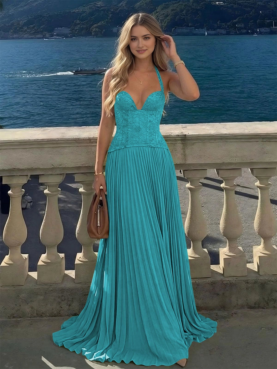 Bohemian A‑Line Halter Lace Criss‑Cross‑Back Floor‑Length Bridesmaid Dress
