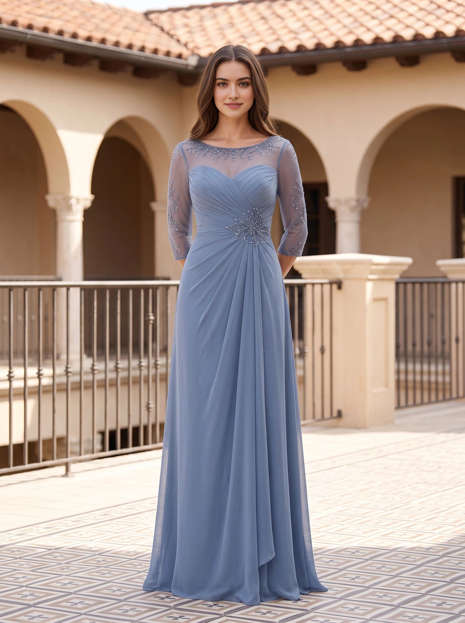 Modest A‑Line Bateau 3/4‑Sleeve Illusion‑Back Long Mother‑of‑the‑Bride Dress
