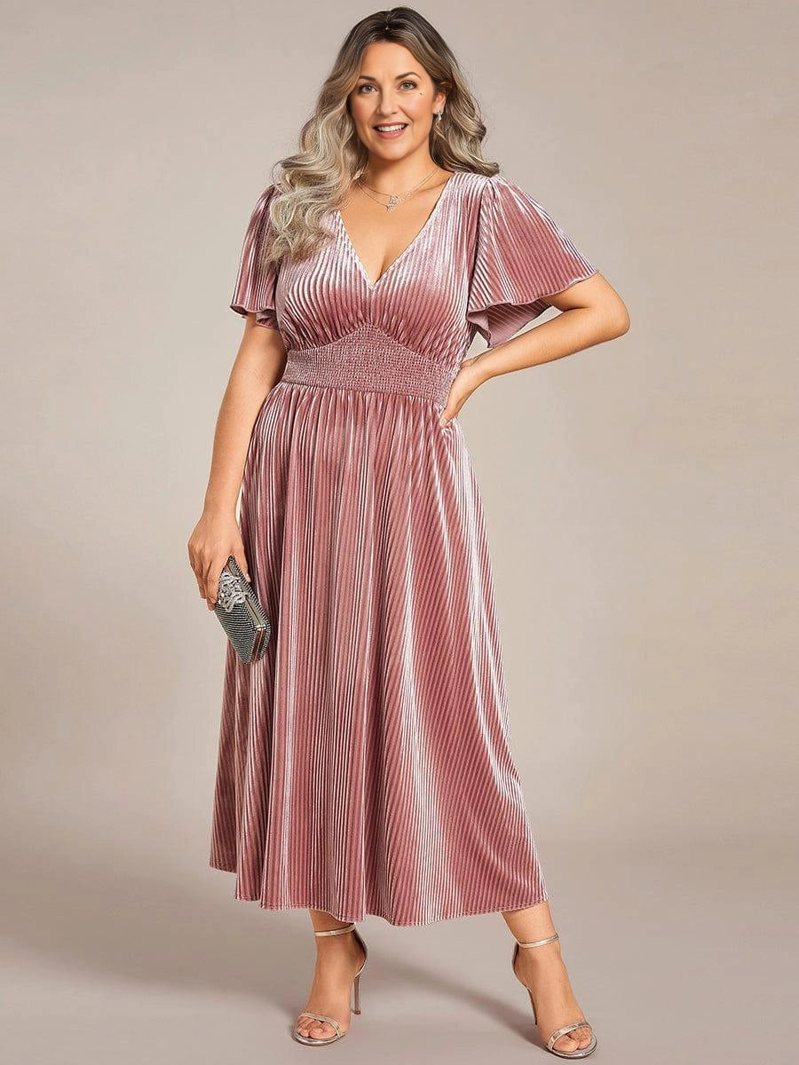Rust‑Brown A‑Line V‑Neck Flutter‑Sleeve Plain‑Back Midi Mother Of The Bride Dress