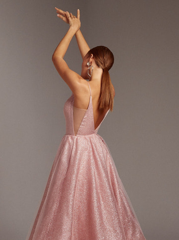 Women's Sequin Spaghetti Strap Gown with Deep V-Neck Low Back Sparkle Prom Dress A-Line Ball Gown for Evening Gala Formal Party