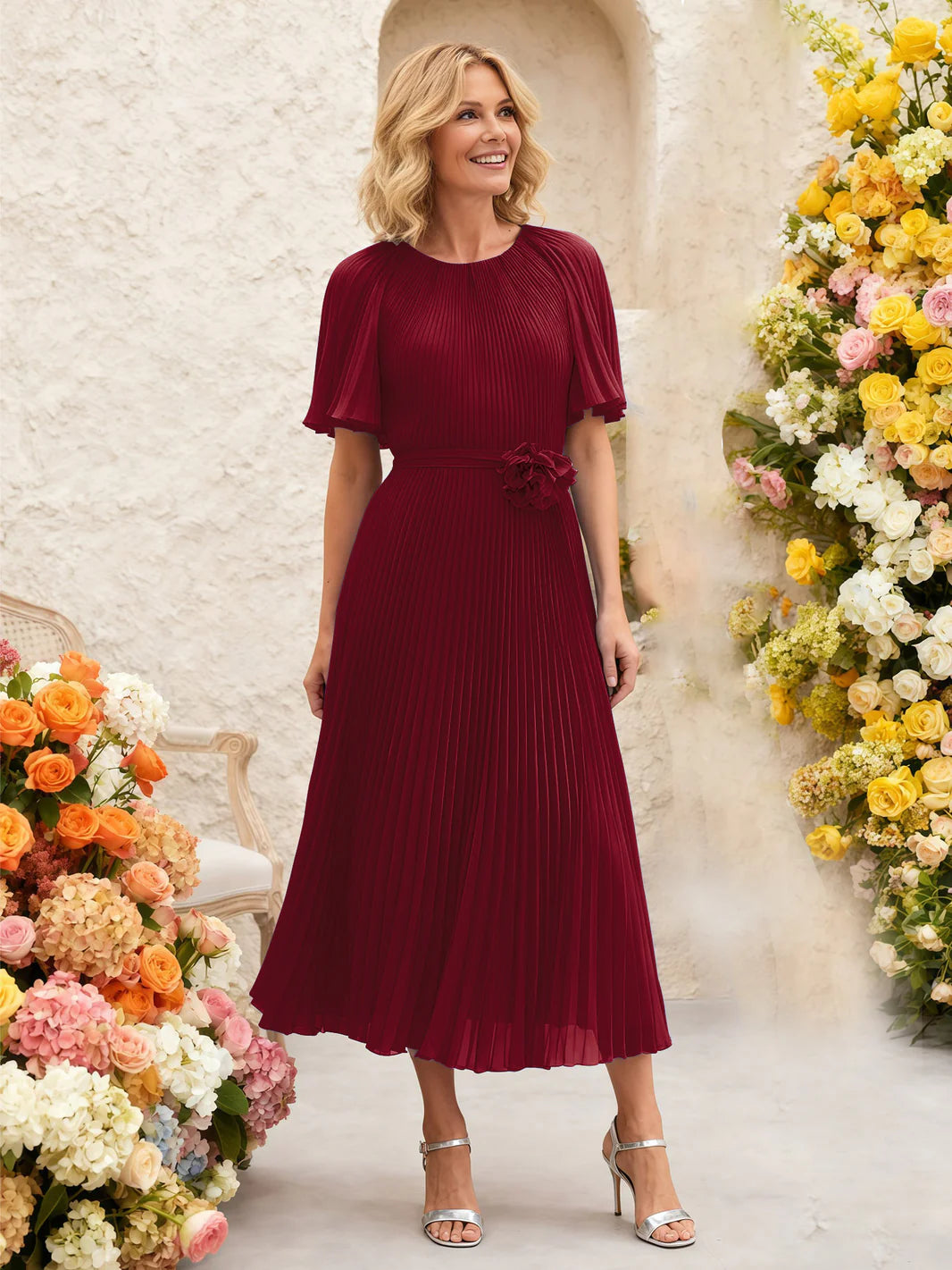 Pleated Chiffon Midi Dress with Flutter Sleeve Wedding Guest Dress for Women