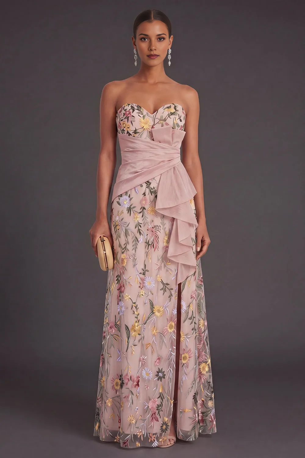 Strapless Sweetheart Floral Embroidery Tulle Gown with Asymmetrical Ruffle Wrap Waist & High Slit