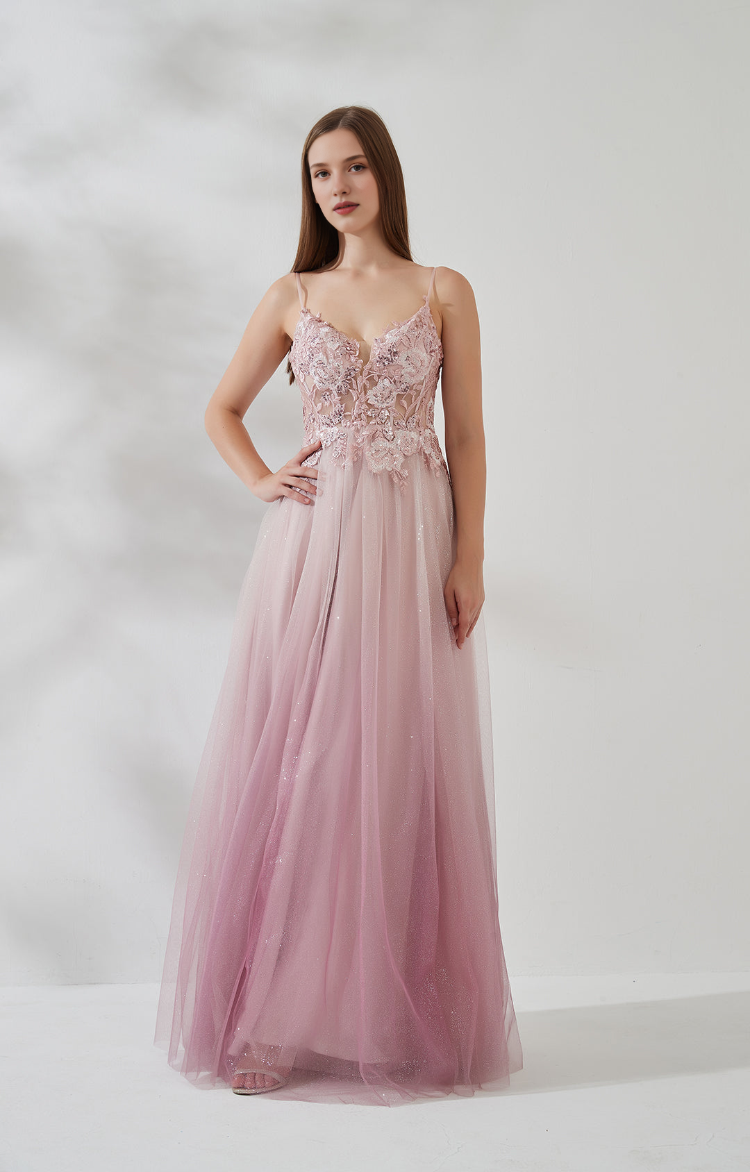 Romantic Glitter Tulle Spaghetti Straps V Neck Floor-length Prom Dress A-line Open Back Gown