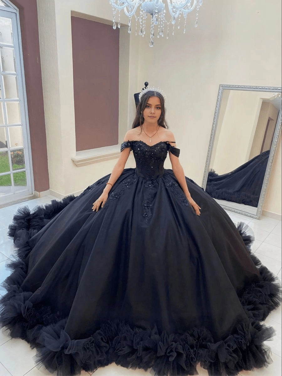 Black Ball Gown Off The Shoulder Short Sleeve Lace Up Back Long Quinceañera Dress