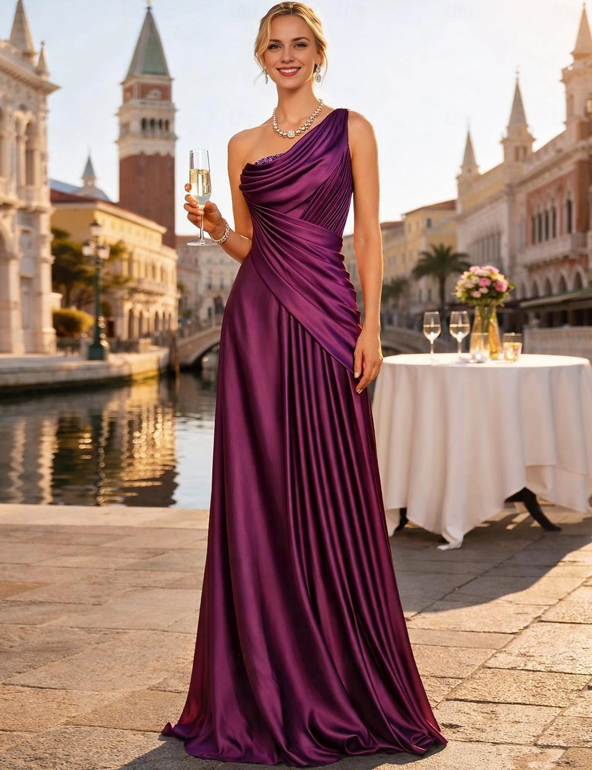 Vedress deep purple satin one shoulder ruched waist long maxi evening prom dress