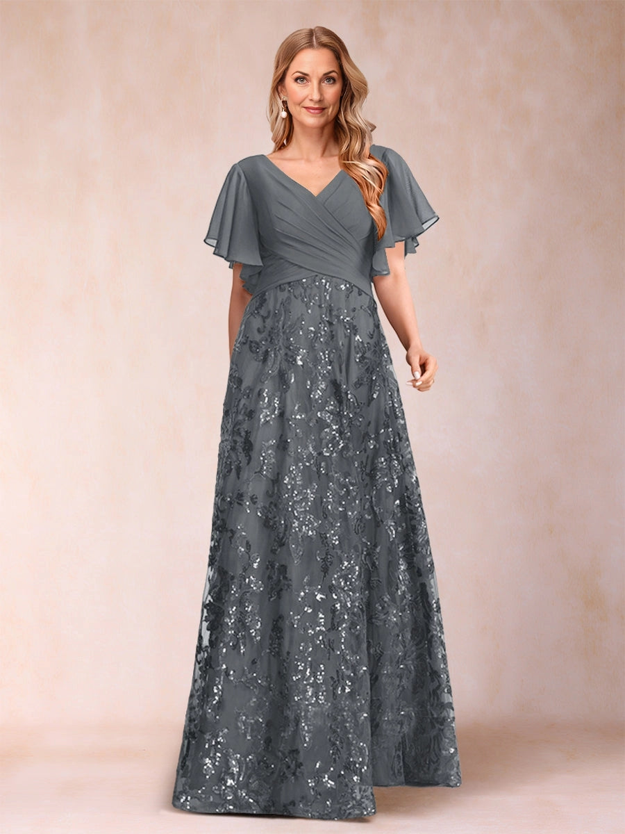 Elegant A Line V Neck Flutter Sleeve V‑Back Floor Length Mother Of The Bride Dress