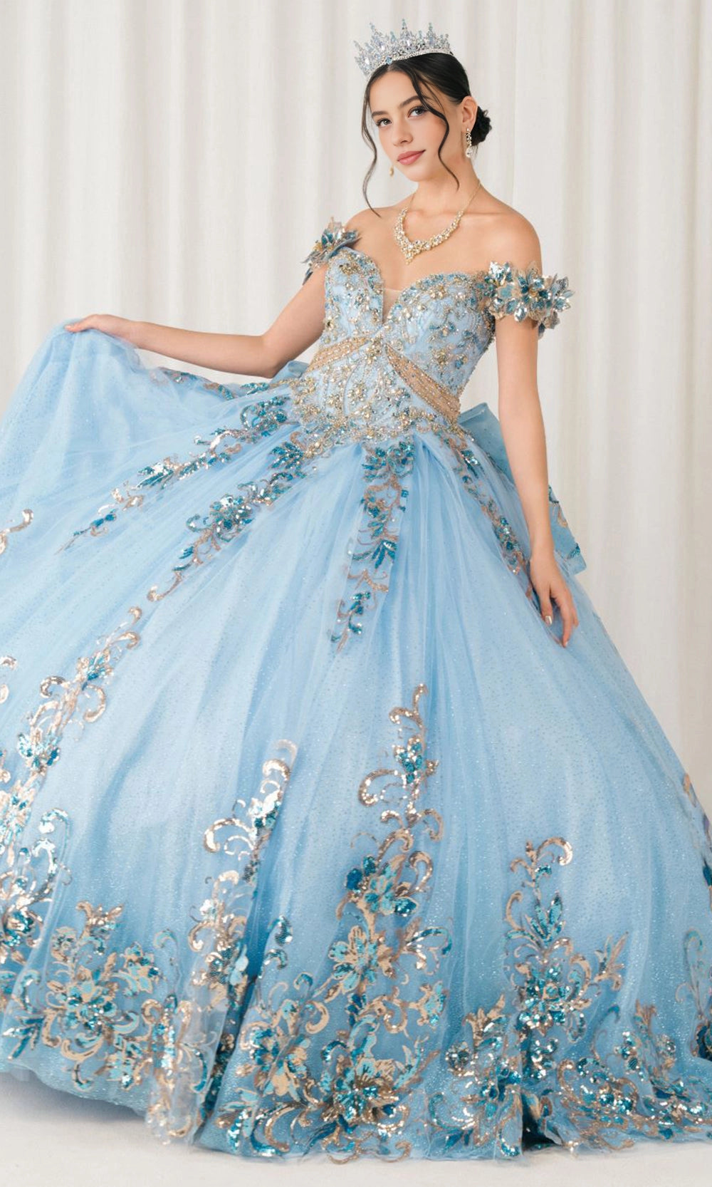 Glam Ball Gown Off‑Shoulder Floral Sleeve Lace‑Up Back Sweep Train Quinceanera Dress