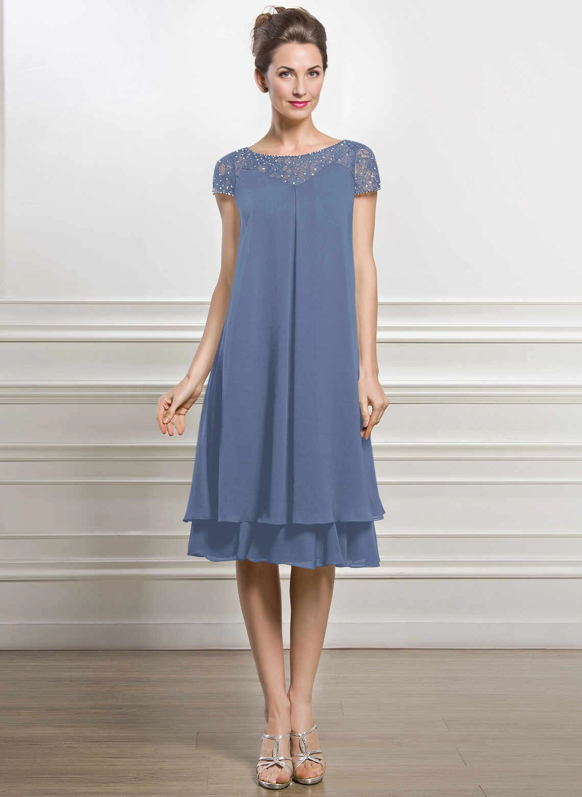 Loose Shift Bateau‑Neck Cap‑Sleeve Illusion‑Back Knee‑Length Mother Of The Bride Dress